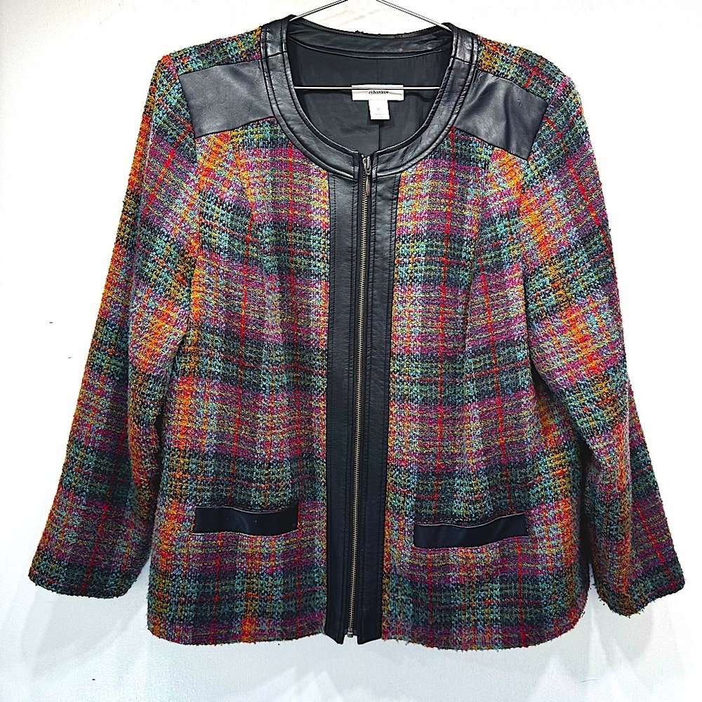 CJ Banks Multicolored Tweed Jacket Faux Leather Trim Zip Front Size 1X